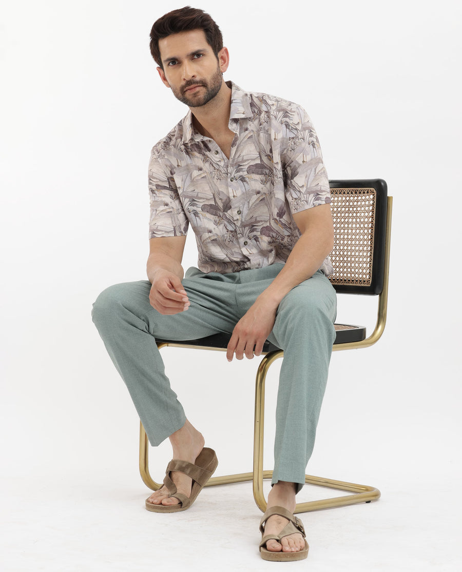 Rare Rabbit Men's Verton Beige Viscose Tropical Print Boxy Fit Half Sleeve Collared Shirt