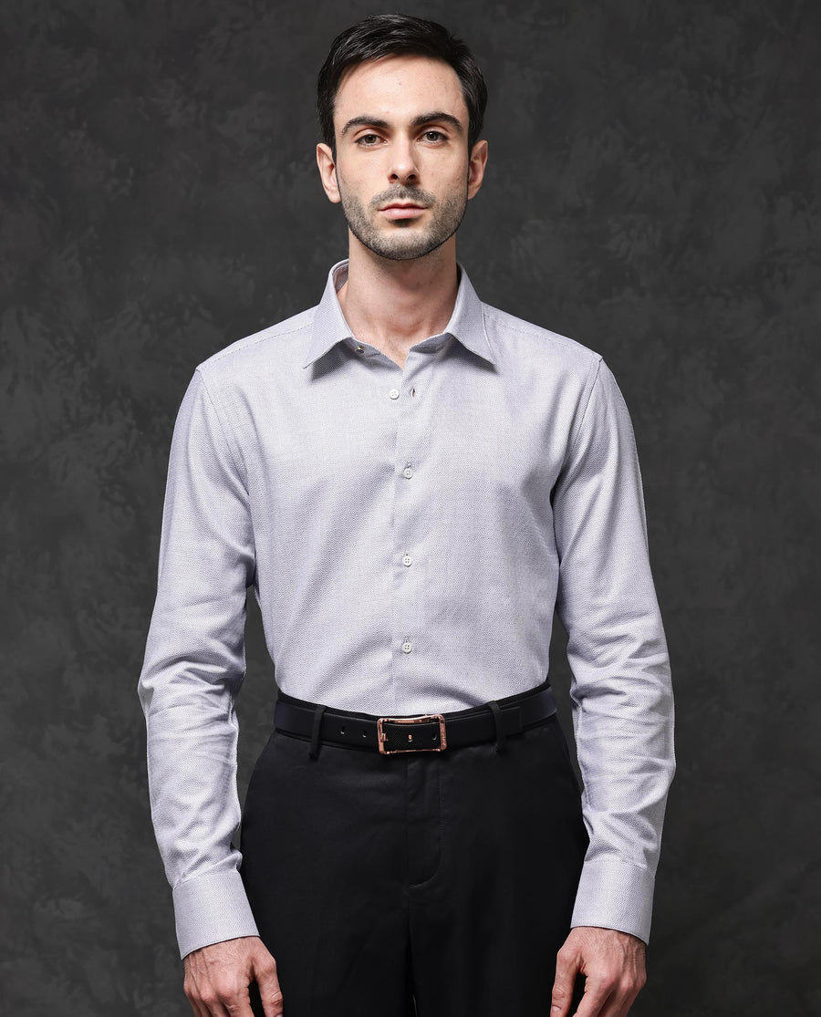 Rare Rabbit Men's Veslo Light Grey Cotton Jacquard Regular Fit Full Sleeve Collared Shirt