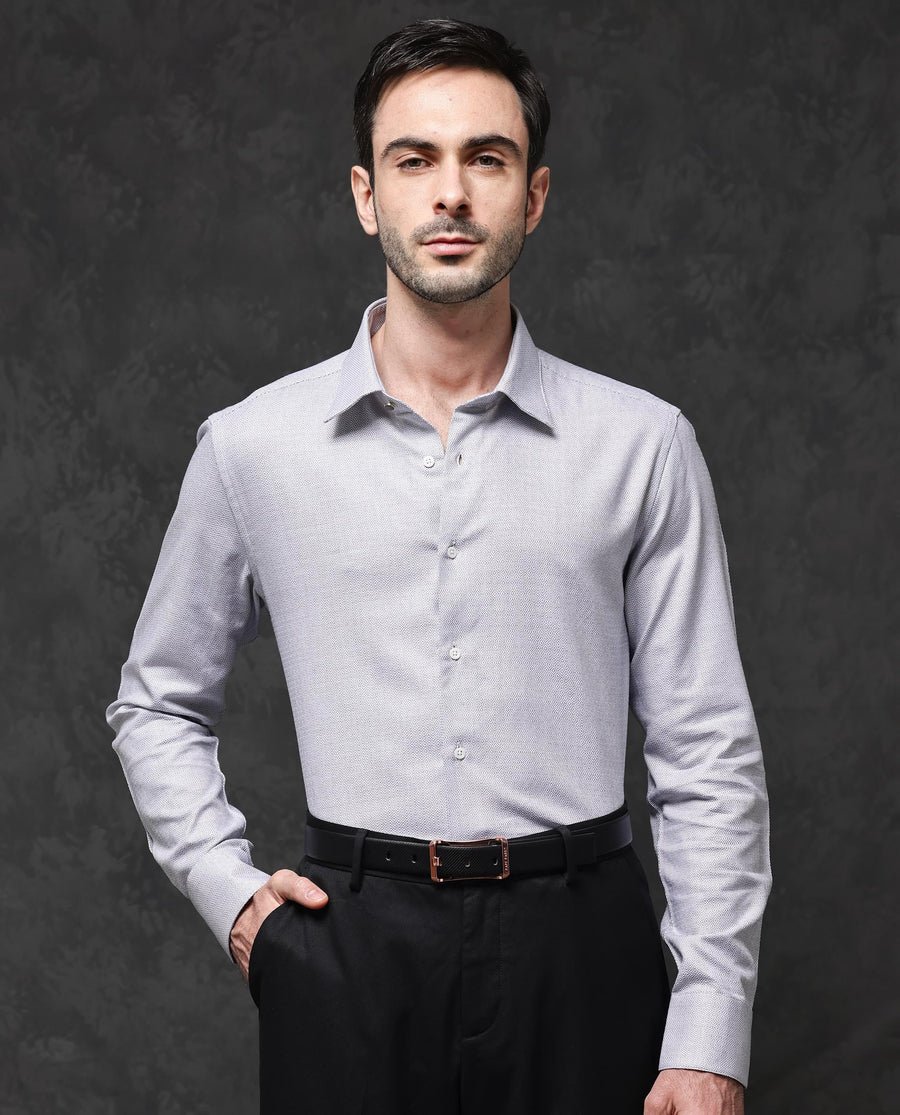 Rare Rabbit Men's Veslo Light Grey Cotton Jacquard Regular Fit Full Sleeve Collared Shirt