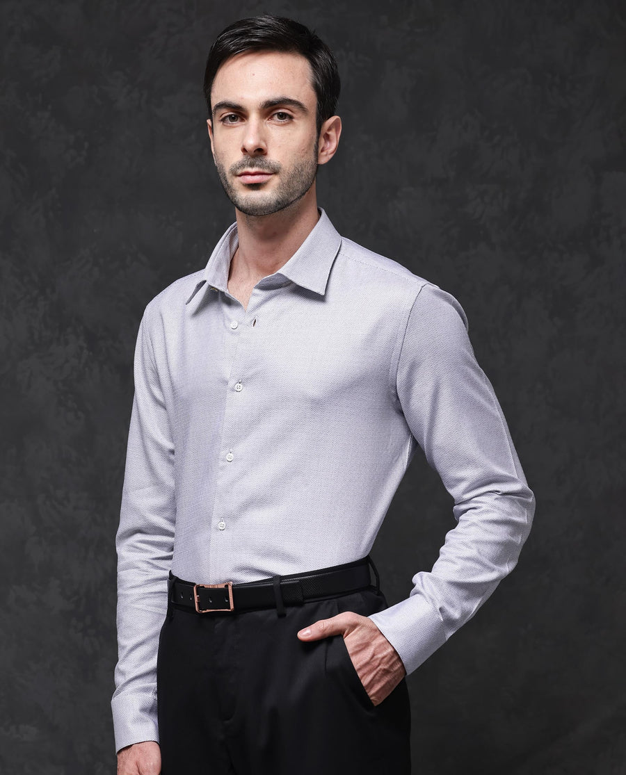 Rare Rabbit Men's Veslo Light Grey Cotton Jacquard Regular Fit Full Sleeve Collared Shirt