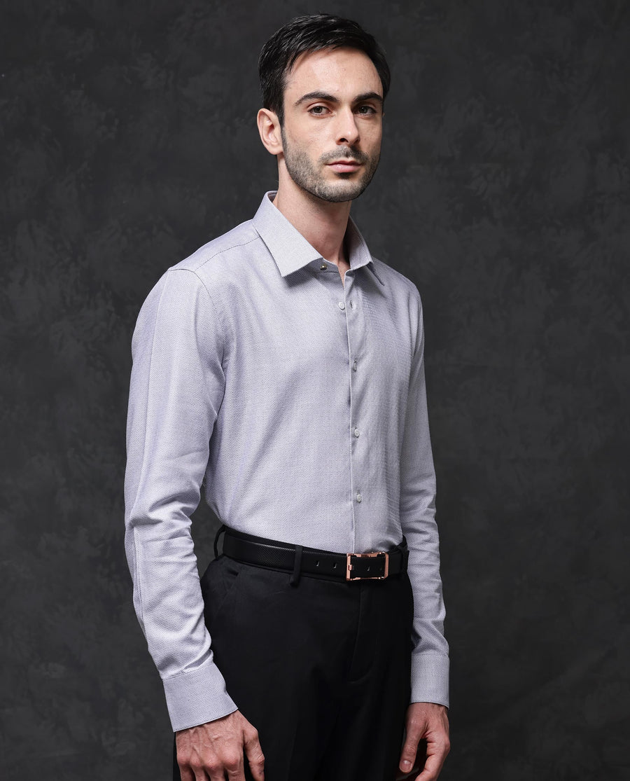 Rare Rabbit Men's Veslo Light Grey Cotton Jacquard Regular Fit Full Sleeve Collared Shirt