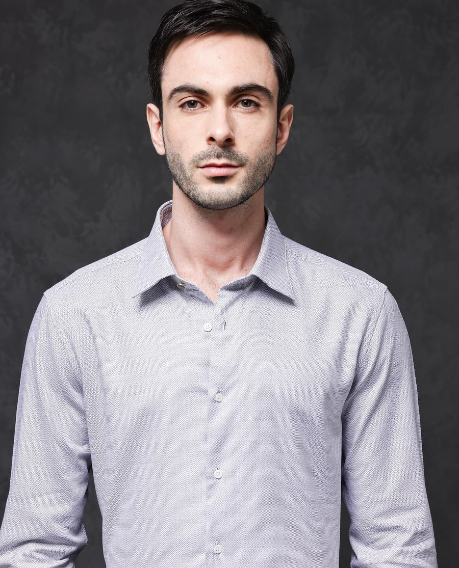 Rare Rabbit Men's Veslo Light Grey Cotton Jacquard Regular Fit Full Sleeve Collared Shirt