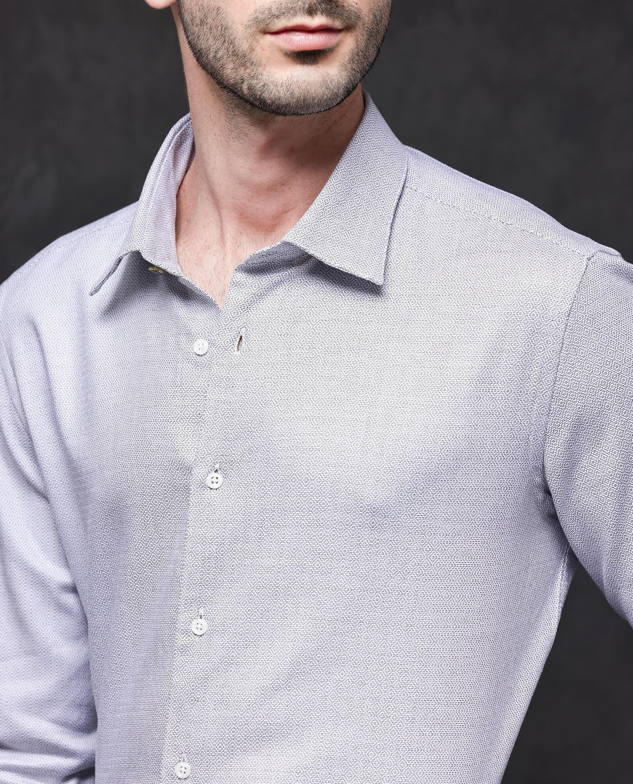 Rare Rabbit Men's Veslo Light Grey Cotton Jacquard Regular Fit Full Sleeve Collared Shirt