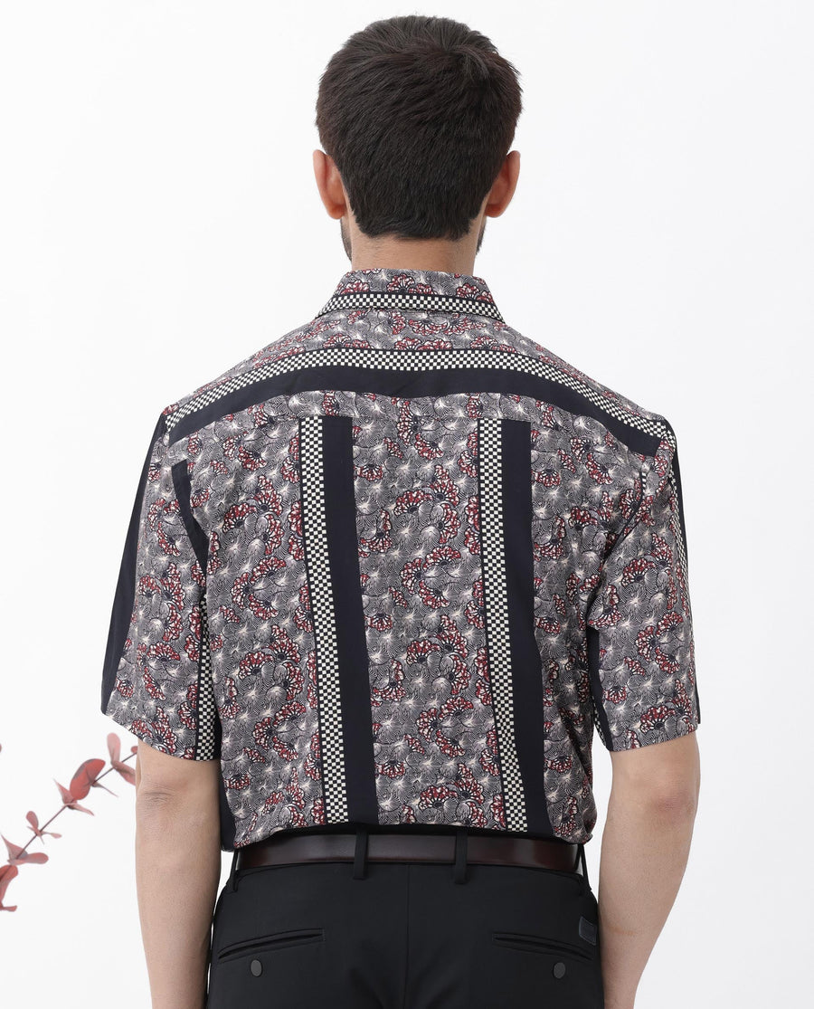 Rare Rabbit Men's Vestor Black Viscose Floral Print Boxy Fit Half Sleeve Collared Shirt