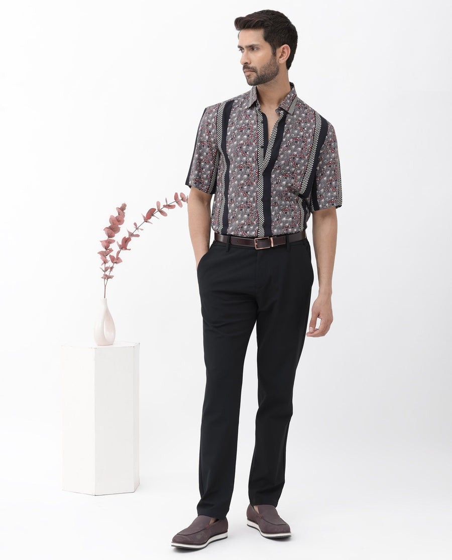 Rare Rabbit Men's Vestor Black Viscose Floral Print Boxy Fit Half Sleeve Collared Shirt