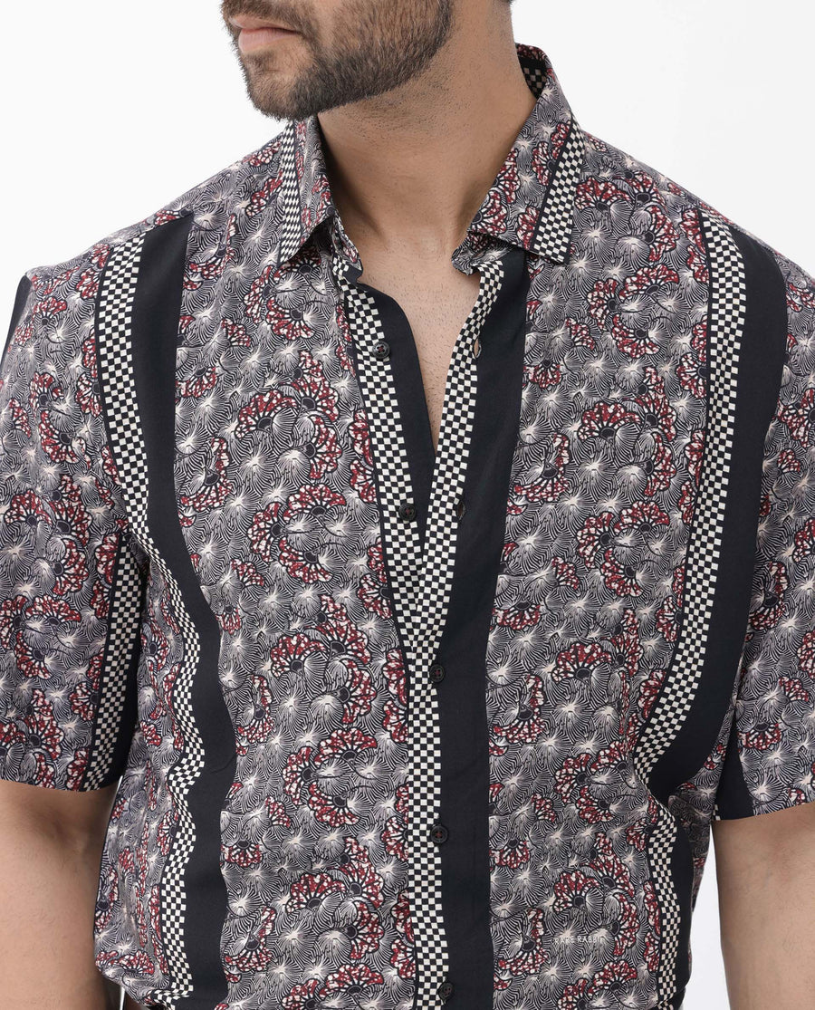 Rare Rabbit Men's Vestor Black Viscose Floral Print Boxy Fit Half Sleeve Collared Shirt