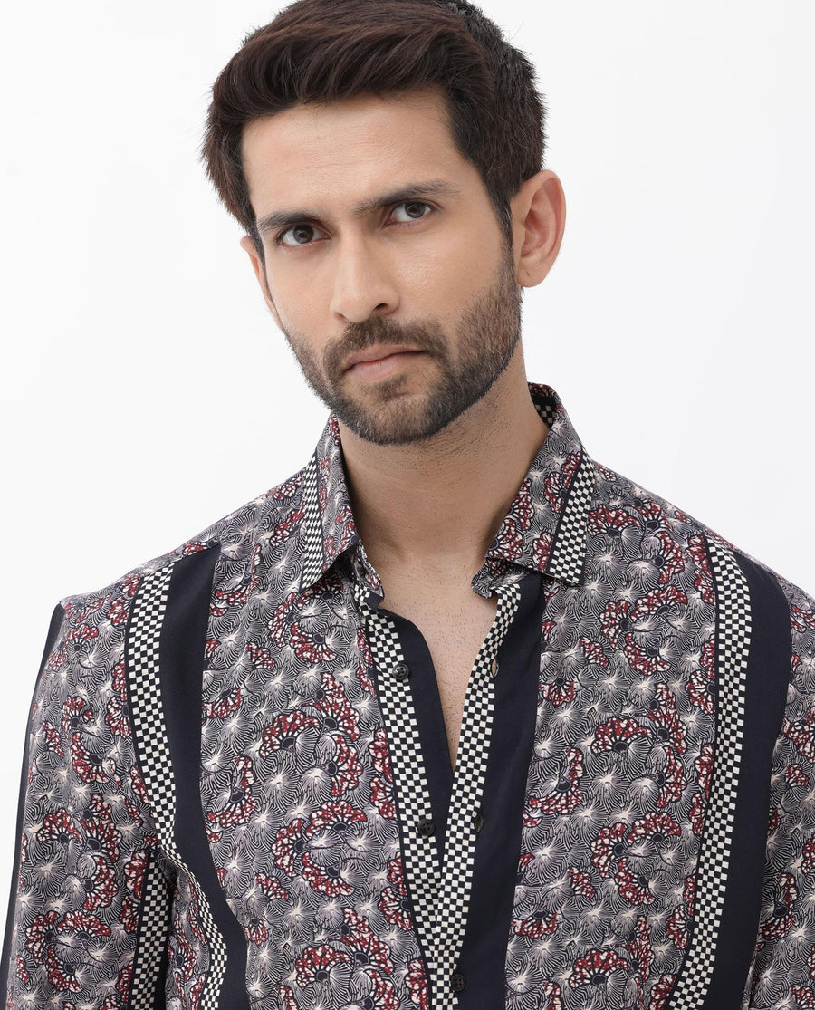 Rare Rabbit Men's Vestor Black Viscose Floral Print Boxy Fit Half Sleeve Collared Shirt