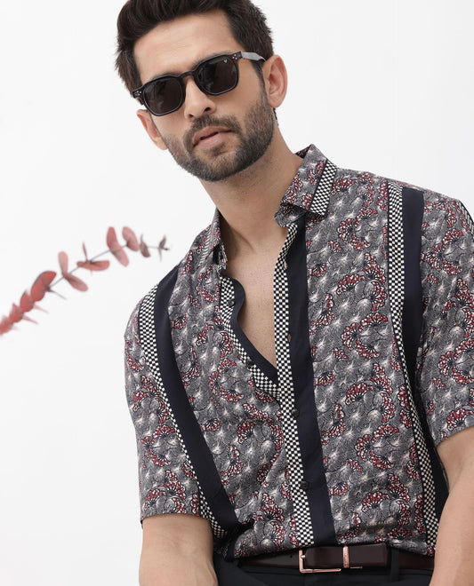 Rare Rabbit Men's Vestor Black Viscose Floral Print Boxy Fit Half Sleeve Collared Shirt