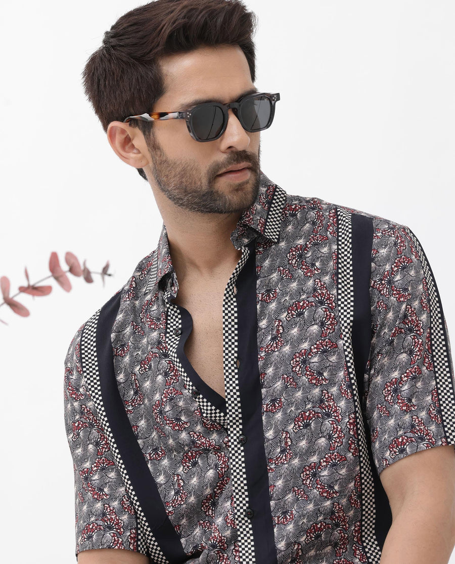 Rare Rabbit Men's Vestor Black Viscose Floral Print Boxy Fit Half Sleeve Collared Shirt