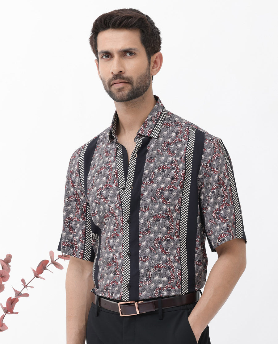 Rare Rabbit Men's Vestor Black Viscose Floral Print Boxy Fit Half Sleeve Collared Shirt