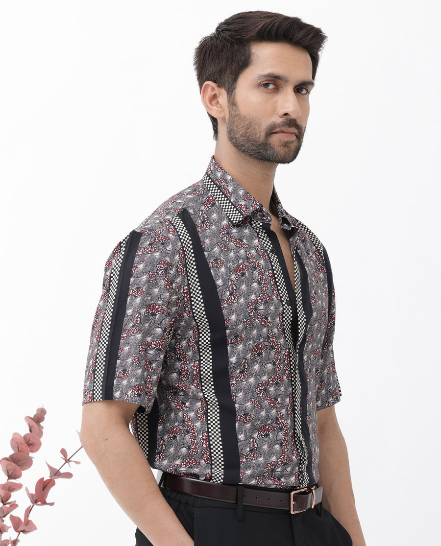 Rare Rabbit Men's Vestor Black Viscose Floral Print Boxy Fit Half Sleeve Collared Shirt