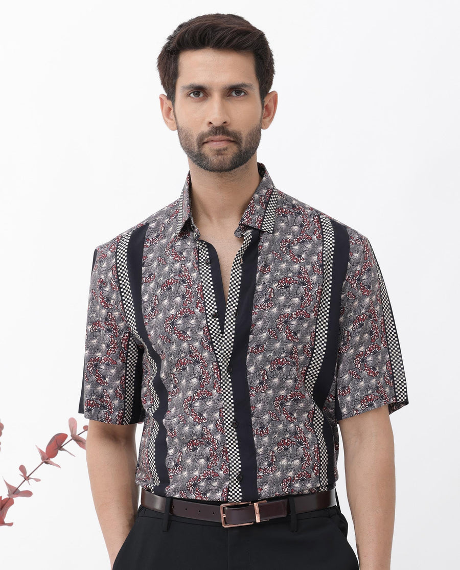 Rare Rabbit Men's Vestor Black Viscose Floral Print Boxy Fit Half Sleeve Collared Shirt