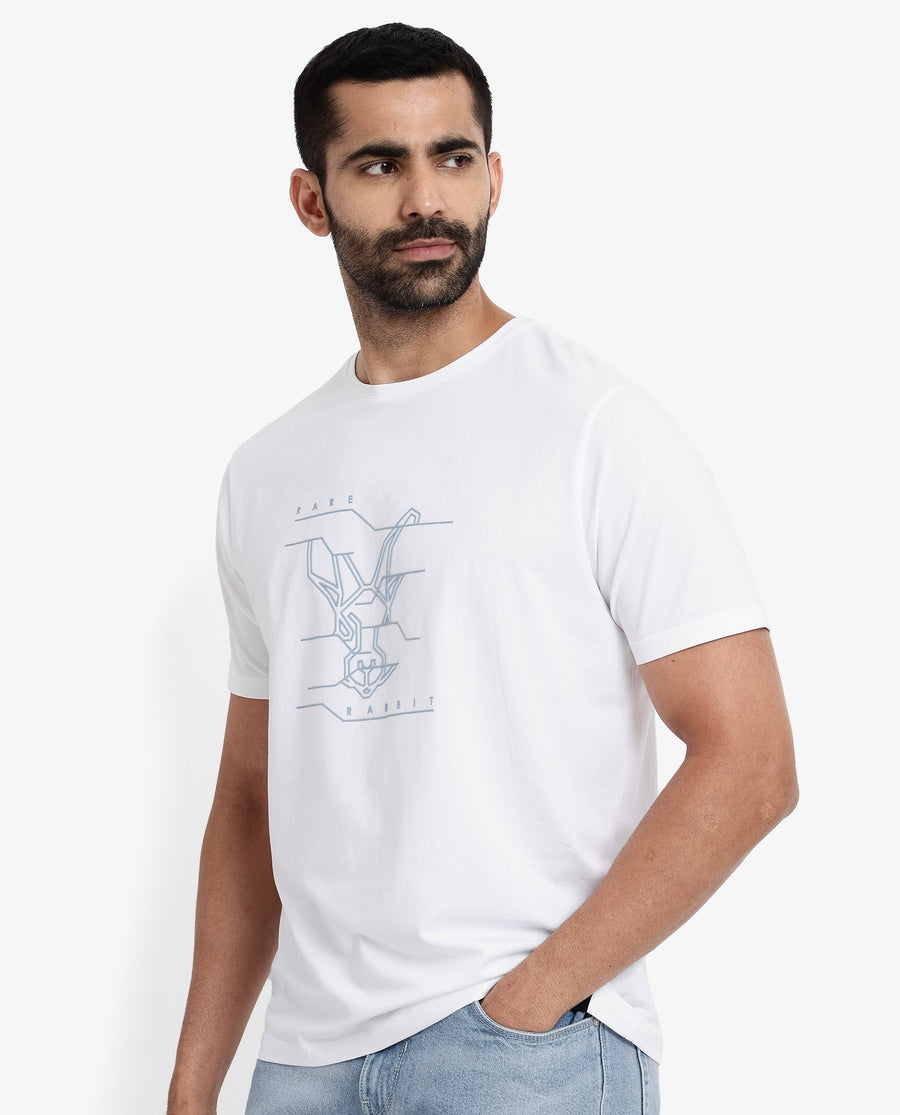 Rare Rabbit Men's Vetos White Cotton Graphic Print Regular Fit Half Sleeve Crew Neck T-Shirt