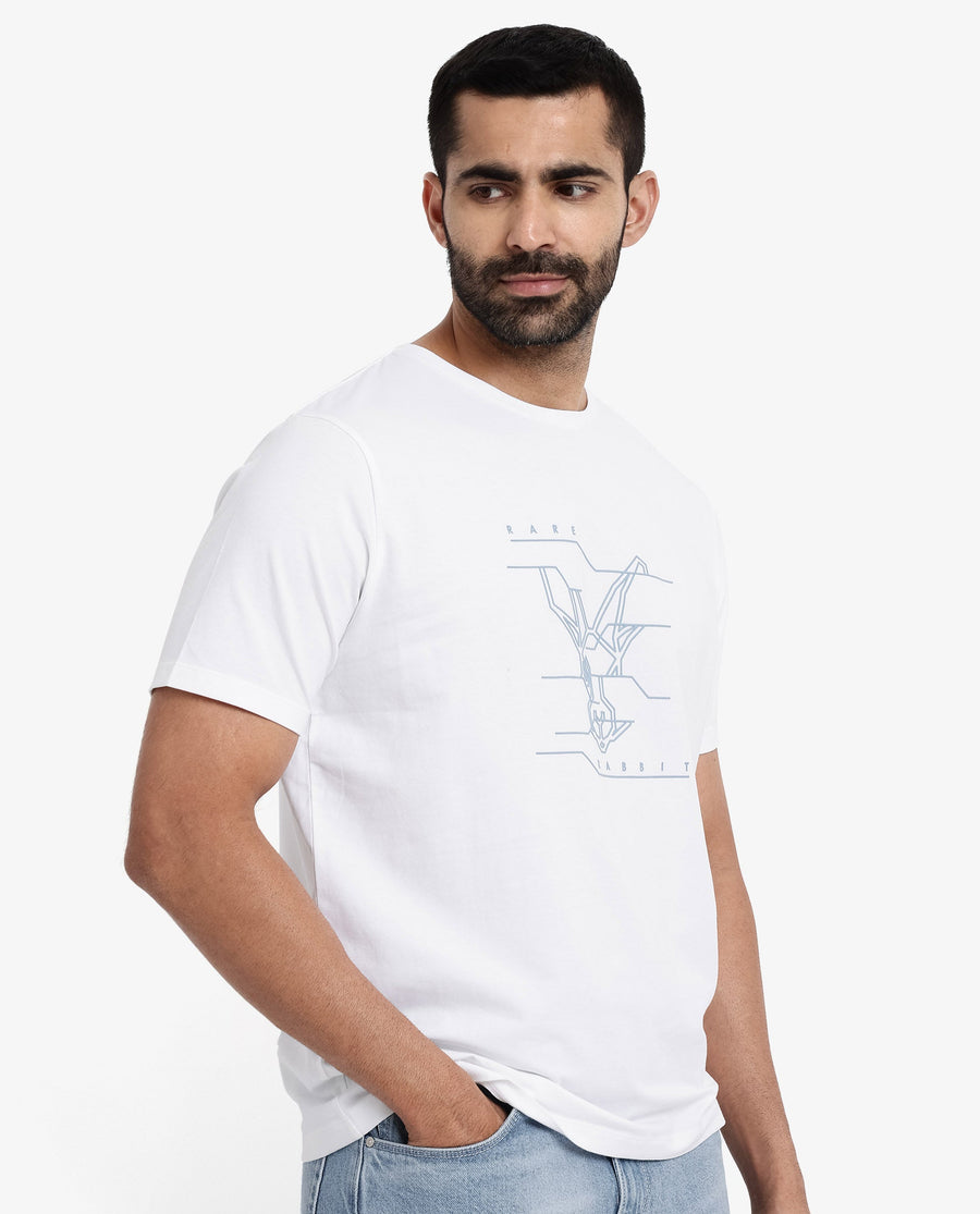 Rare Rabbit Men's Vetos White Cotton Graphic Print Regular Fit Half Sleeve Crew Neck T-Shirt