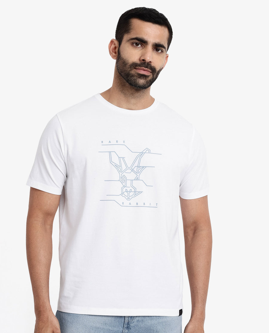 Rare Rabbit Men's Vetos White Cotton Graphic Print Regular Fit Half Sleeve Crew Neck T-Shirt