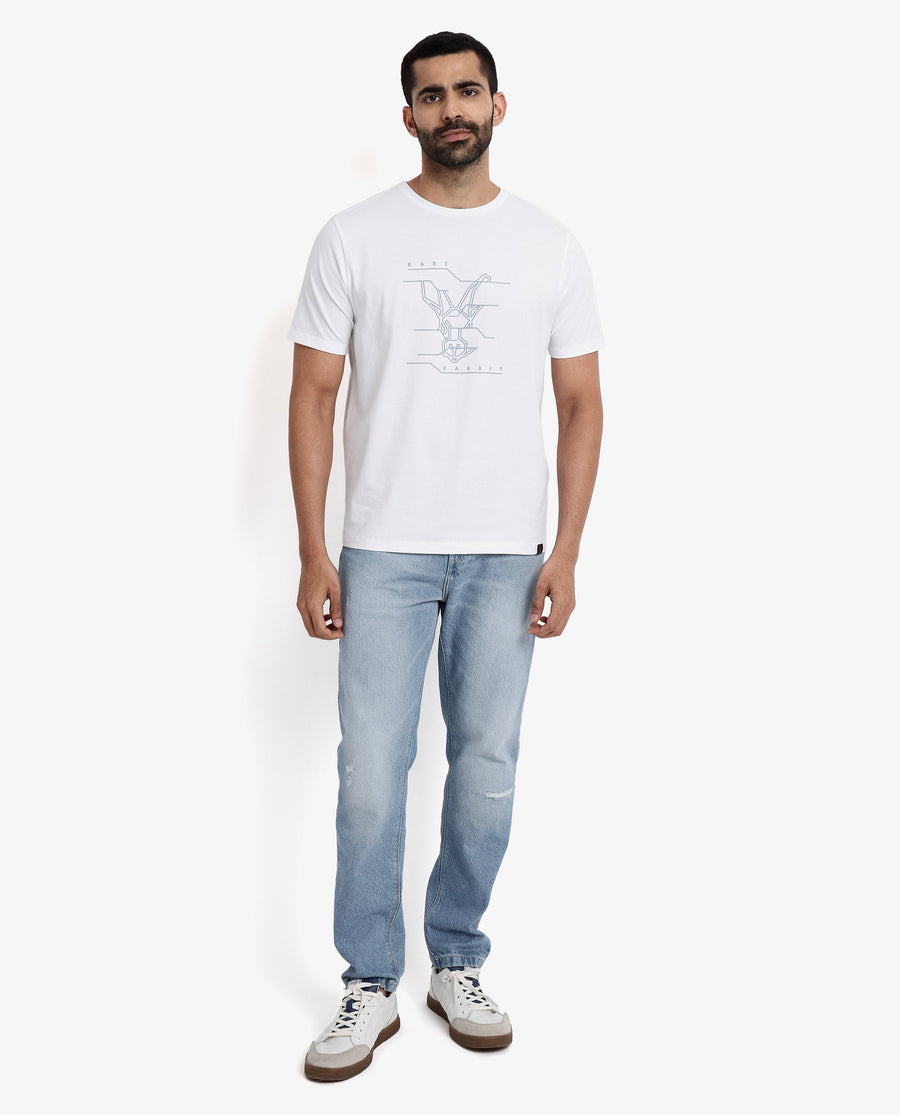 Rare Rabbit Men's Vetos White Cotton Graphic Print Regular Fit Half Sleeve Crew Neck T-Shirt