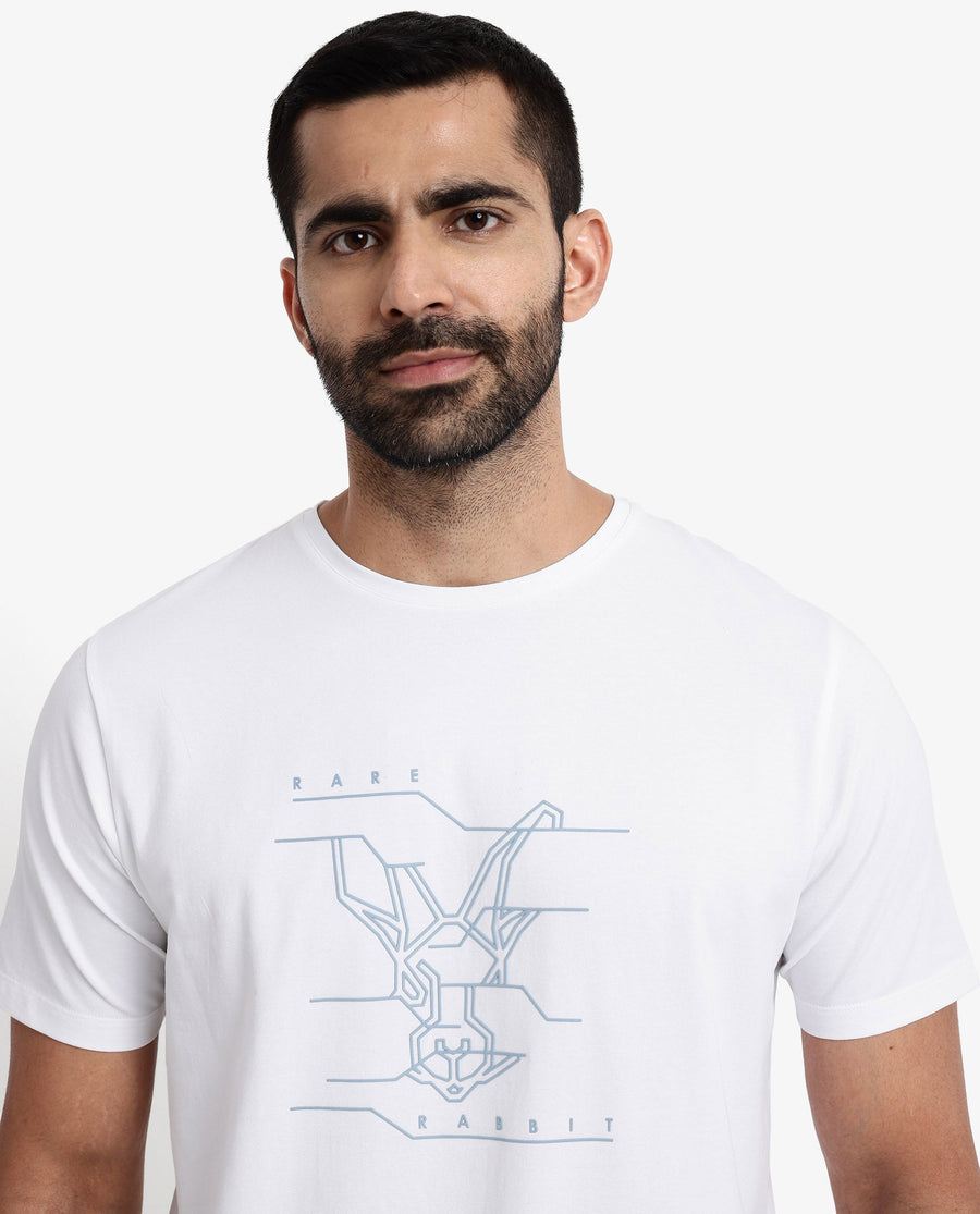 Rare Rabbit Men's Vetos White Cotton Graphic Print Regular Fit Half Sleeve Crew Neck T-Shirt
