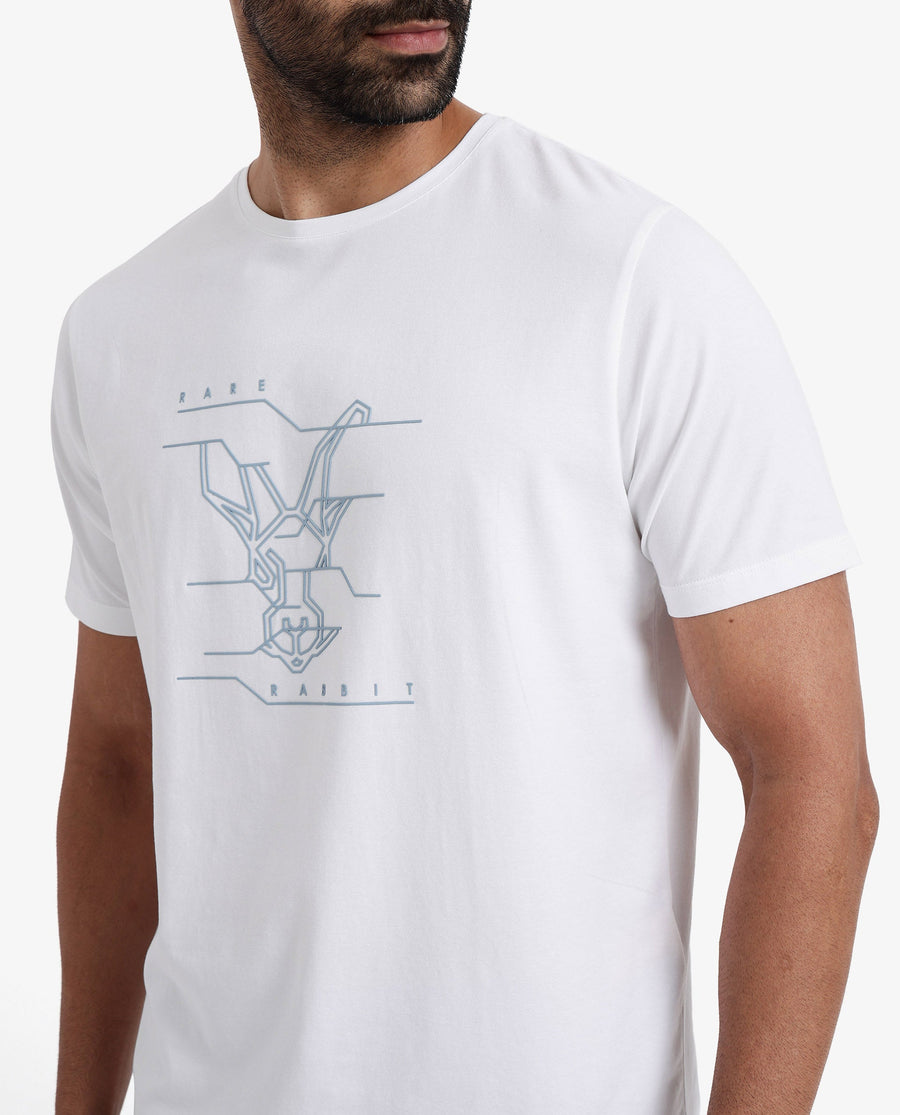Rare Rabbit Men's Vetos White Cotton Graphic Print Regular Fit Half Sleeve Crew Neck T-Shirt