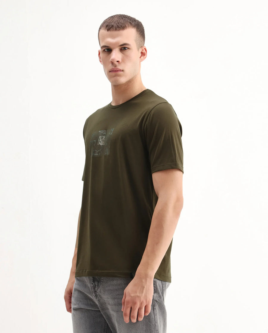 Rare Rabbit Men's Vues Olive Cotton Blend Fabric Half Sleeve Crew Neck Graphic Print T-Shirt