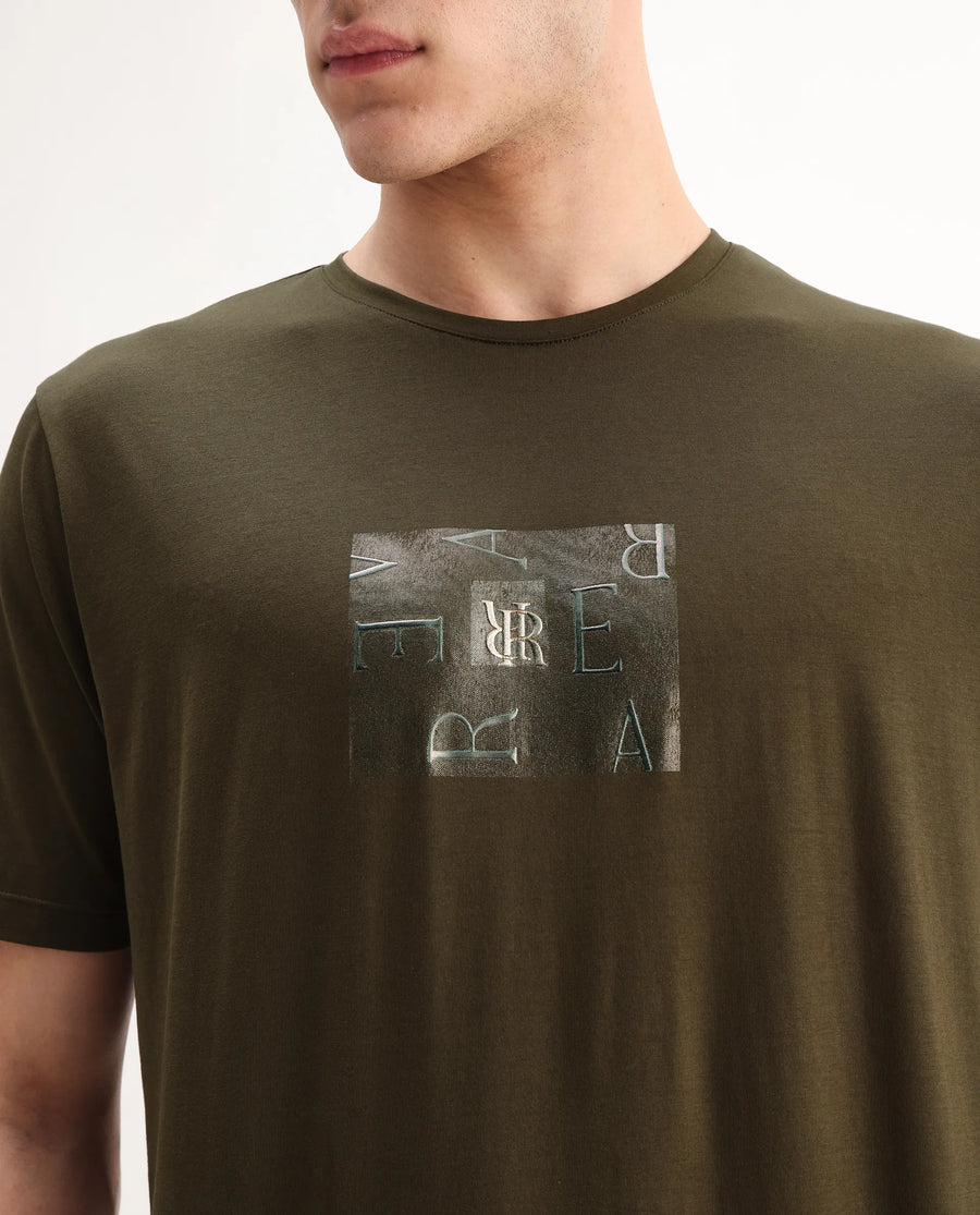 Rare Rabbit Men's Vues Olive Cotton Blend Fabric Half Sleeve Crew Neck Graphic Print T-Shirt
