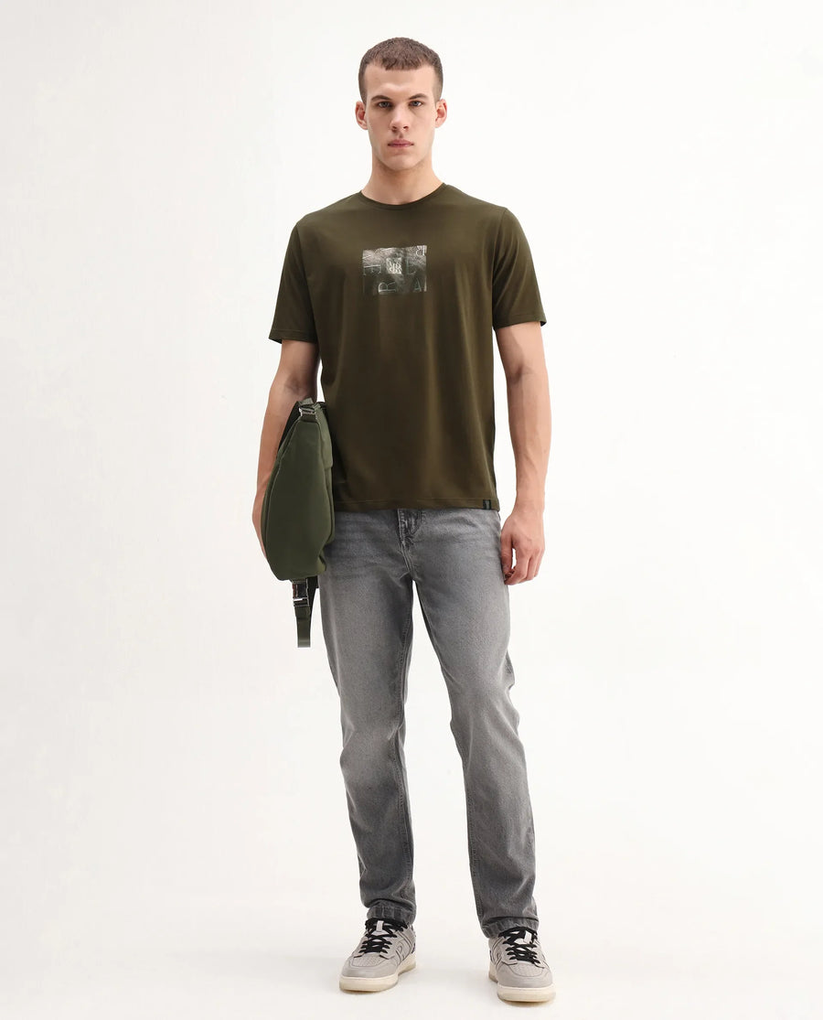 Rare Rabbit Men's Vues Olive Cotton Blend Fabric Half Sleeve Crew Neck Graphic Print T-Shirt