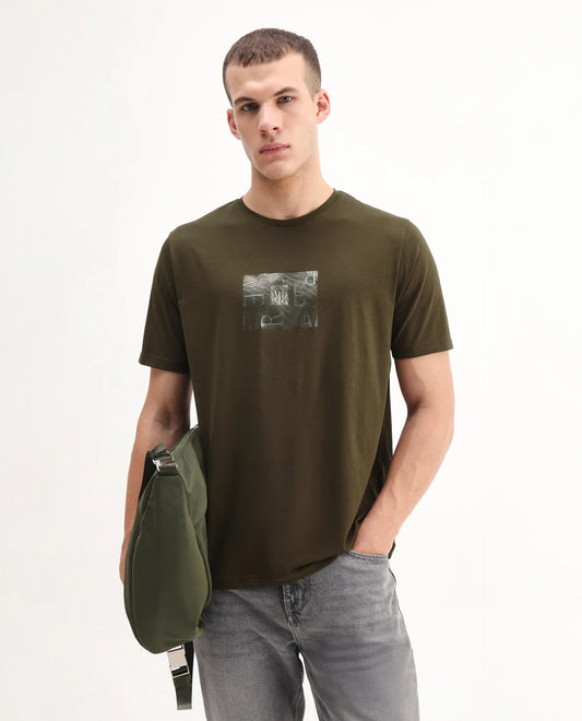 Rare Rabbit Men's Vues Olive Cotton Blend Fabric Half Sleeve Crew Neck Graphic Print T-Shirt