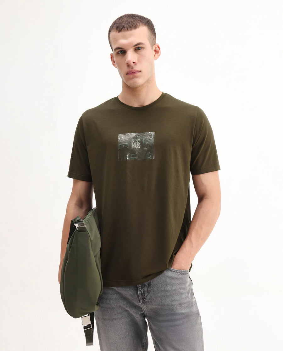 Rare Rabbit Men's Vues Olive Cotton Blend Fabric Half Sleeve Crew Neck Graphic Print T-Shirt