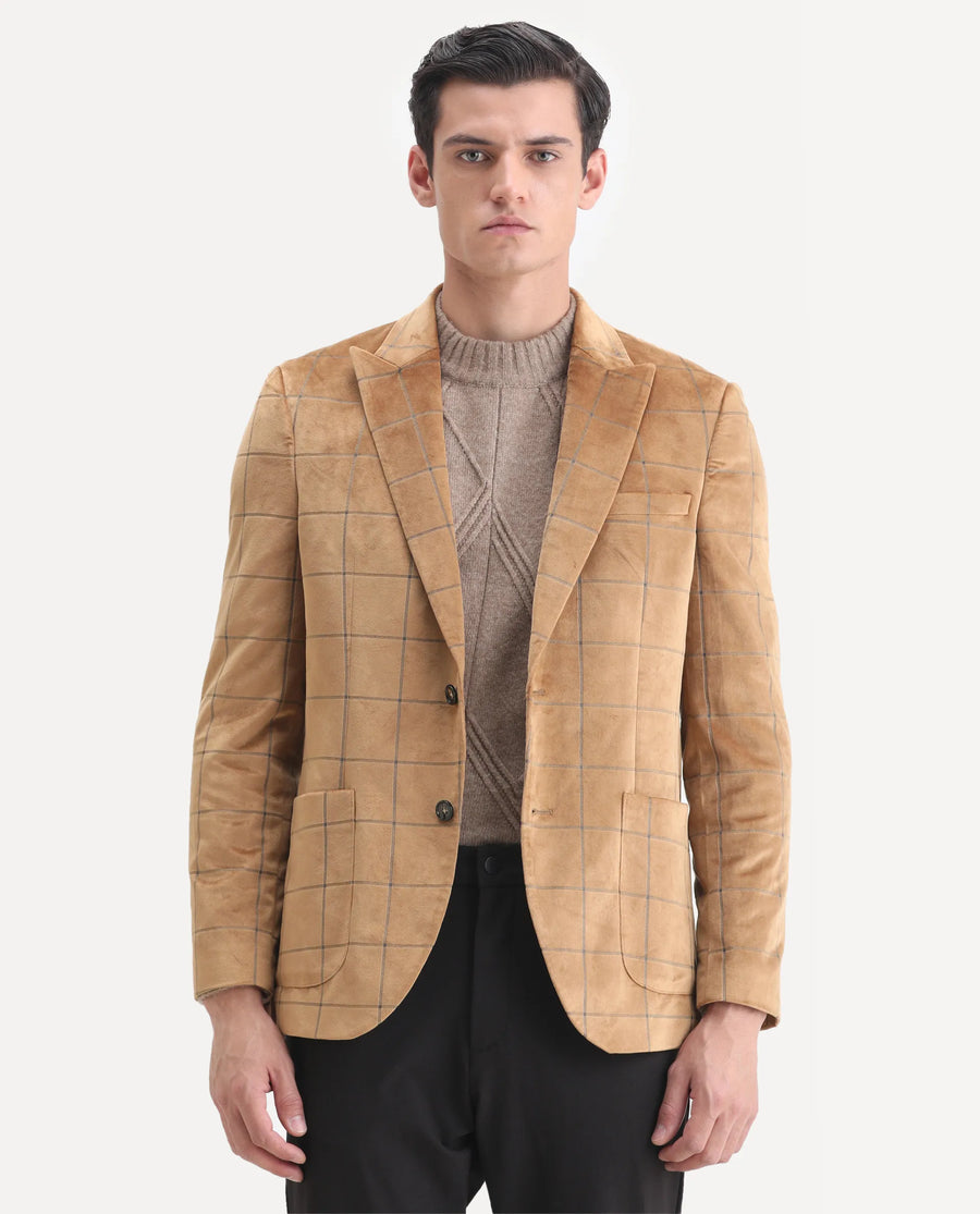 Rare Rabbit Men's Vewet Mustard Velvet Checked Print Tailored Fit Full Sleeve Lapel Neck Blazer