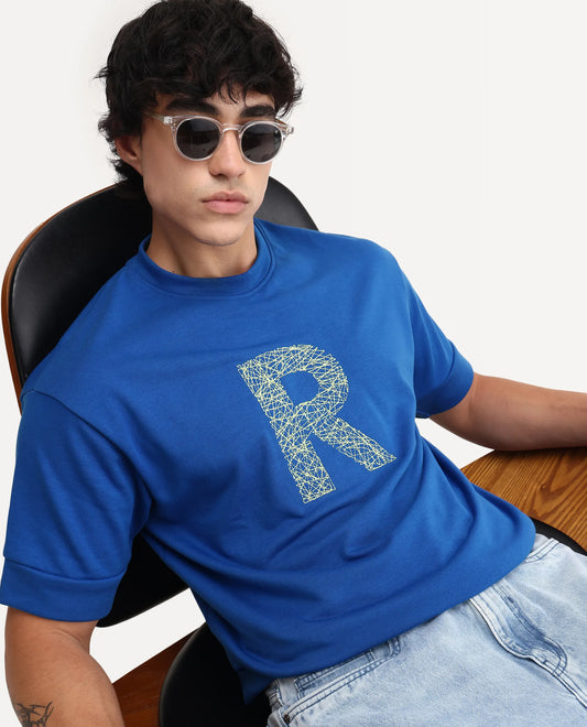 Rare Rabbit Men's Vexi Blue Cotton Blend Embroidered Oversized Fit Half Sleeve Crew Neck T-Shirt