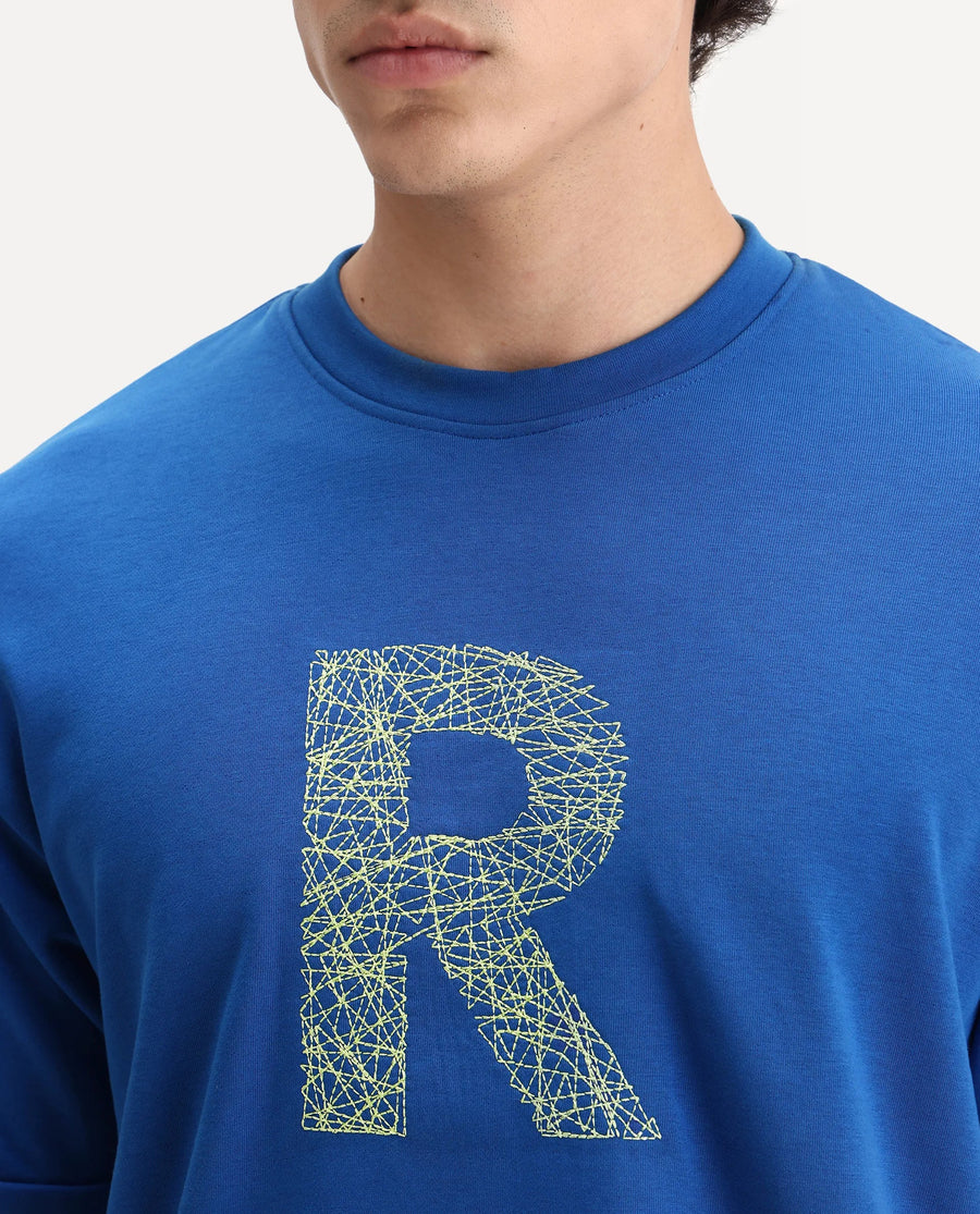 Rare Rabbit Men's Vexi Blue Cotton Blend Embroidered Oversized Fit Half Sleeve Crew Neck T-Shirt