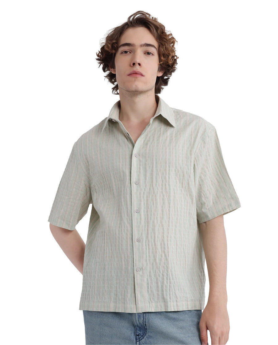 Rare Rabbit Men's Wexder Light Grey Cotton Striped Print Regular Fit Half Sleeve Collared Shirt