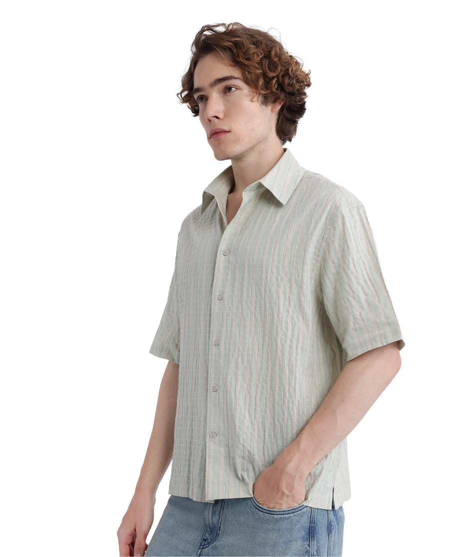 Rare Rabbit Men's Wexder Light Grey Cotton Striped Print Regular Fit Half Sleeve Collared Shirt