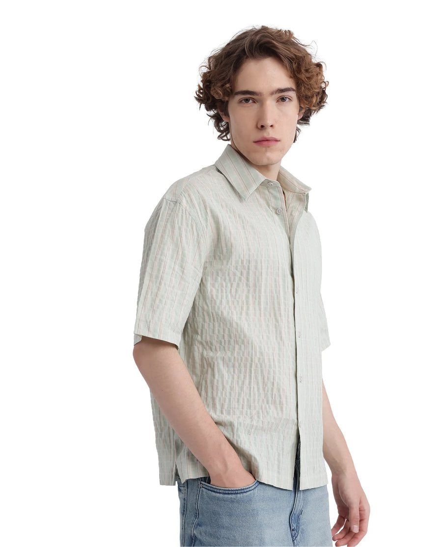 Rare Rabbit Men's Wexder Light Grey Cotton Striped Print Regular Fit Half Sleeve Collared Shirt