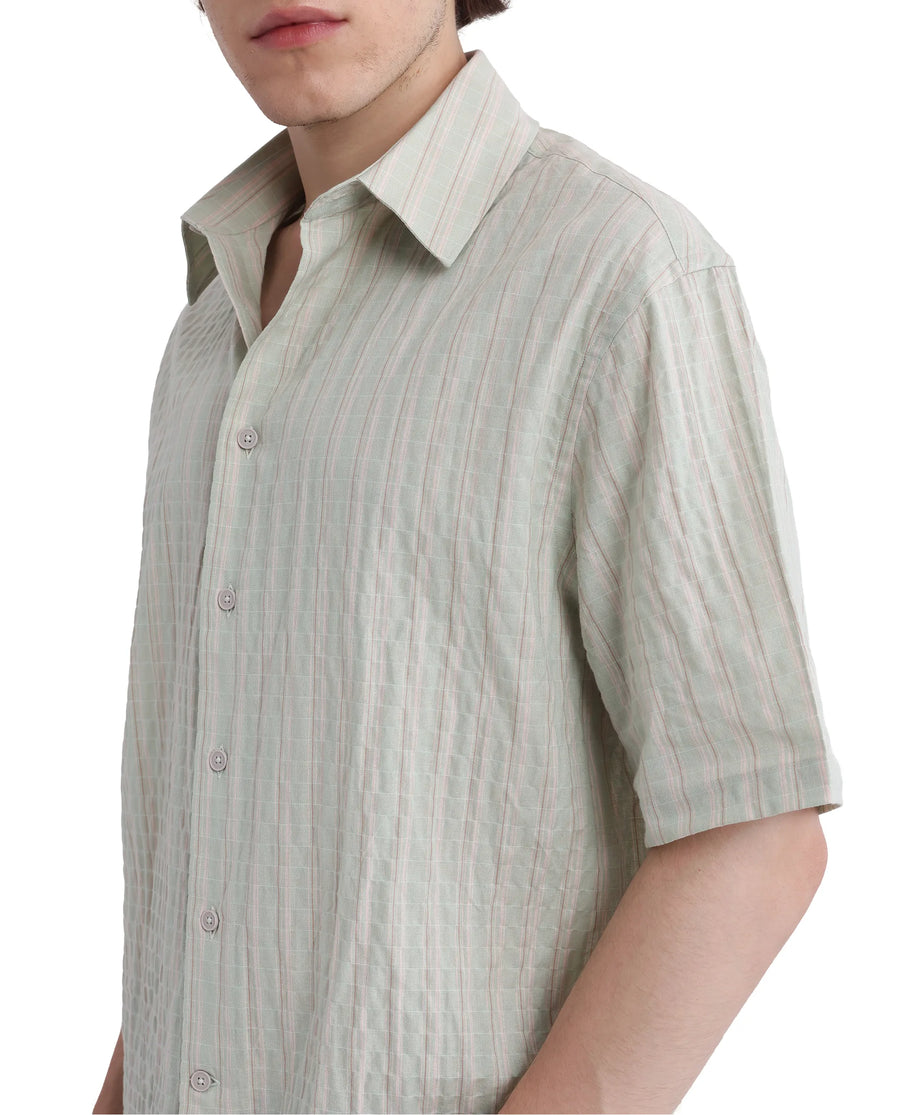 Rare Rabbit Men's Wexder Light Grey Cotton Striped Print Regular Fit Half Sleeve Collared Shirt