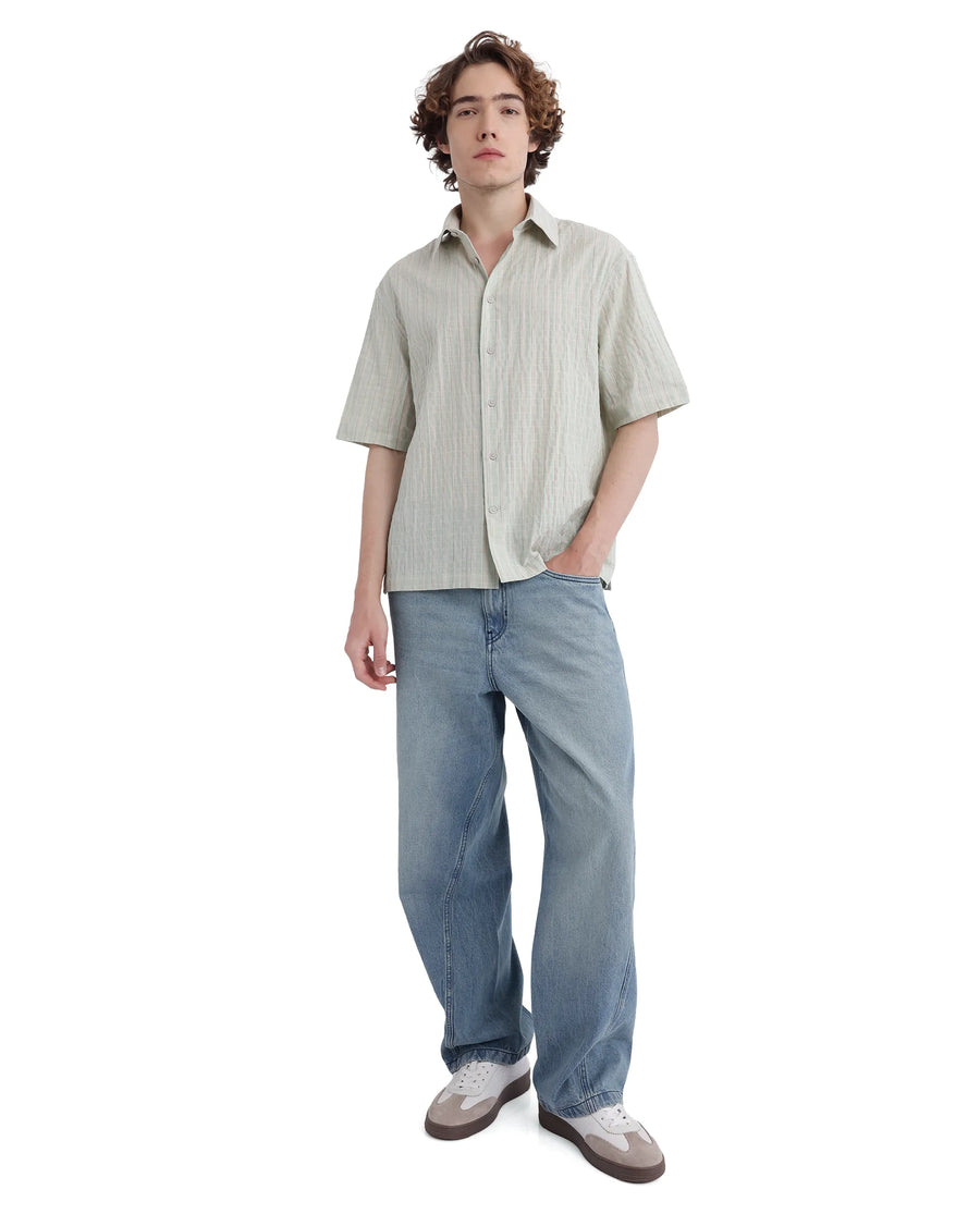Rare Rabbit Men's Wexder Light Grey Cotton Striped Print Regular Fit Half Sleeve Collared Shirt