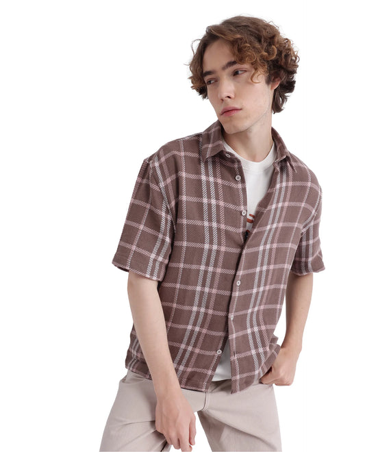 Rare Rabbit Men's Vexlum Light Brown Cotton Checked Print Regular Fit Half Sleeve Collared Shirt