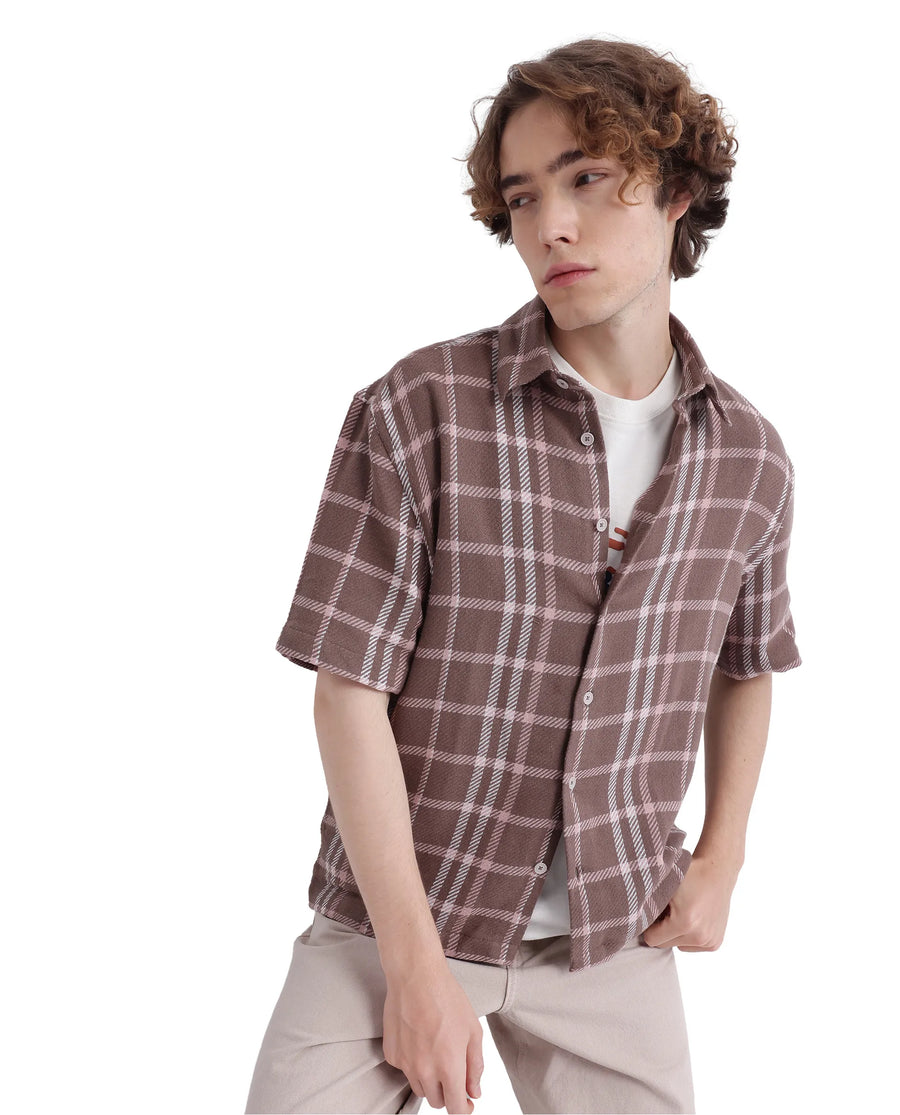 Rare Rabbit Men's Vexlum Light Brown Cotton Checked Print Regular Fit Half Sleeve Collared Shirt