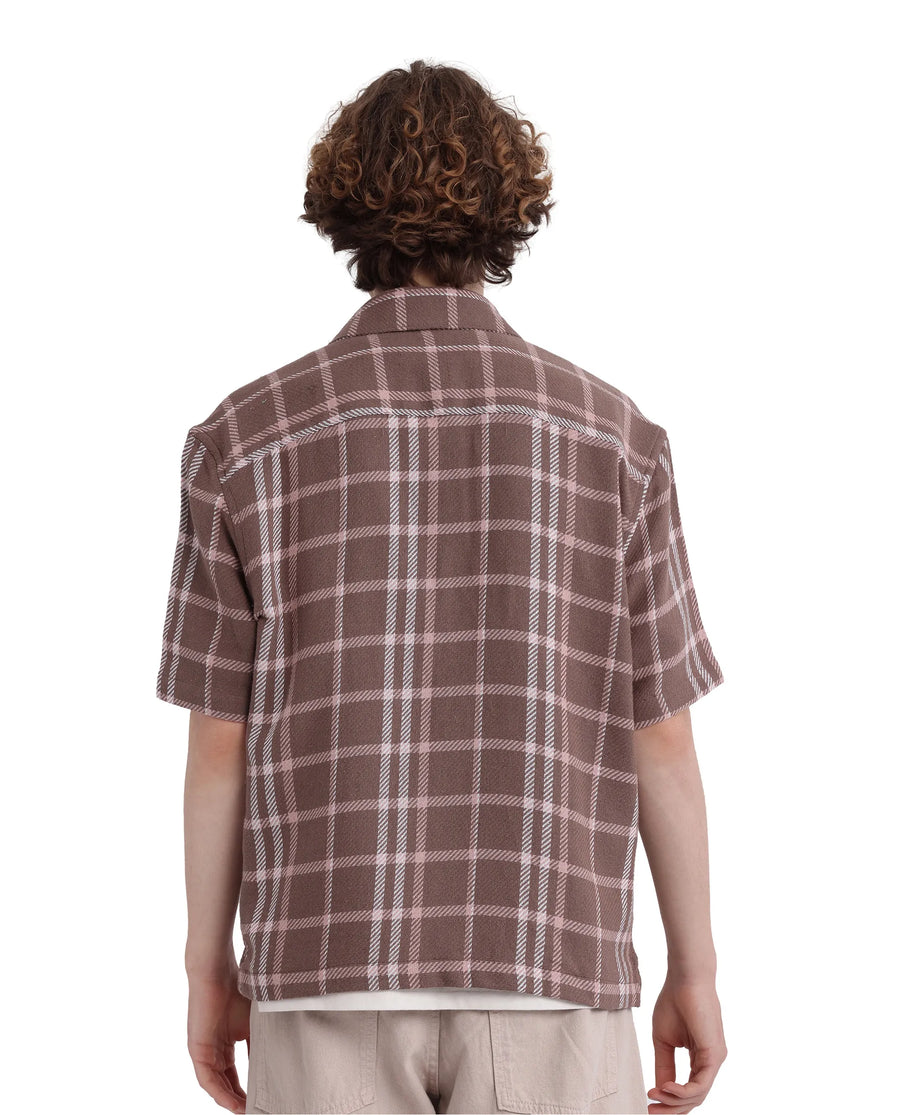 Rare Rabbit Men's Vexlum Light Brown Cotton Checked Print Regular Fit Half Sleeve Collared Shirt