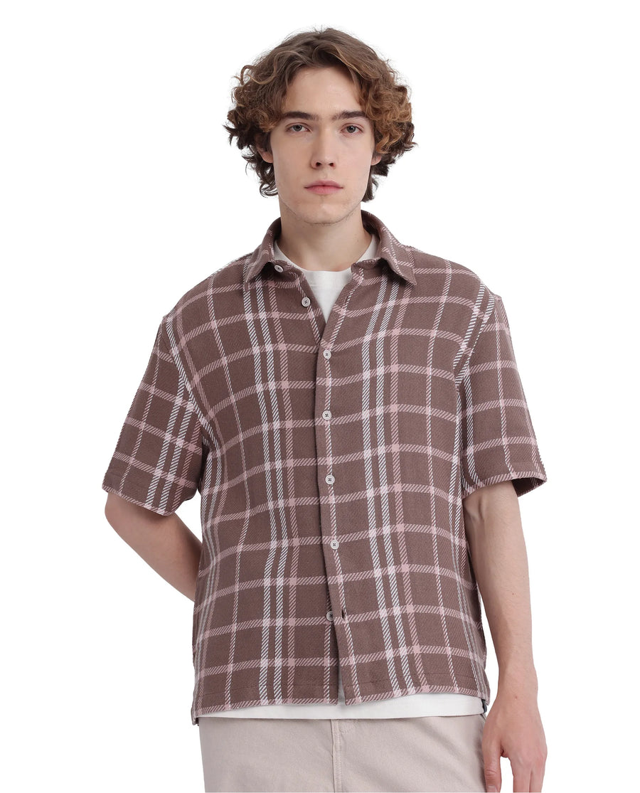 Rare Rabbit Men's Vexlum Light Brown Cotton Checked Print Regular Fit Half Sleeve Collared Shirt