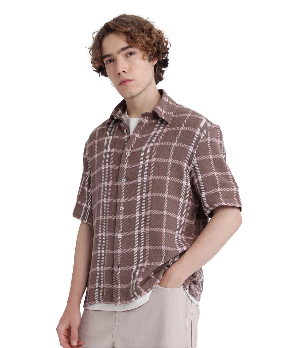 Rare Rabbit Men's Vexlum Light Brown Cotton Checked Print Regular Fit Half Sleeve Collared Shirt