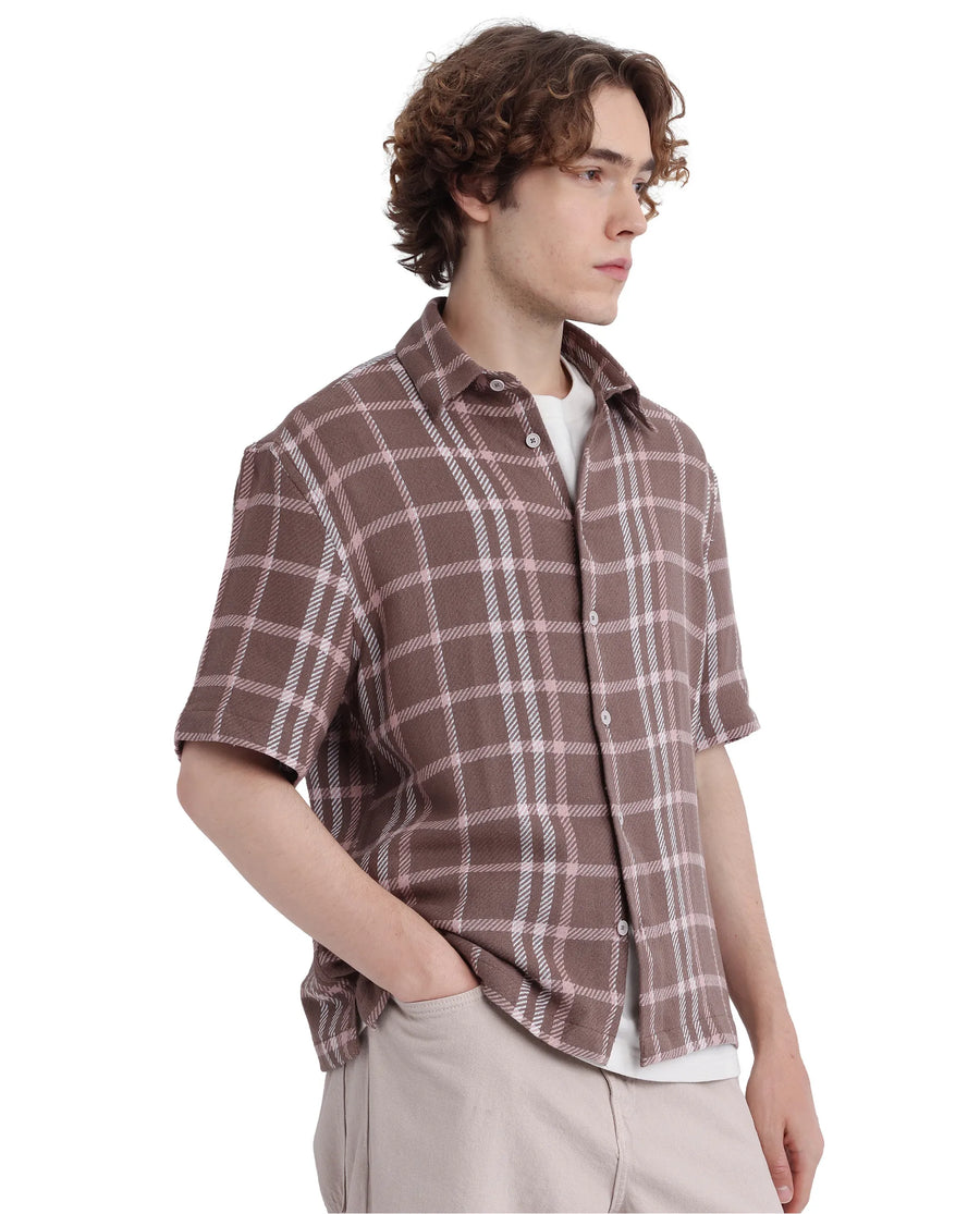 Rare Rabbit Men's Vexlum Light Brown Cotton Checked Print Regular Fit Half Sleeve Collared Shirt
