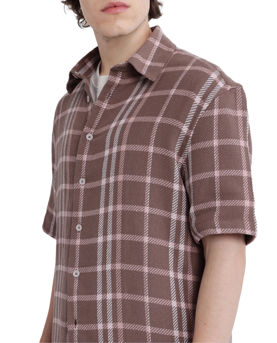 Rare Rabbit Men's Vexlum Light Brown Cotton Checked Print Regular Fit Half Sleeve Collared Shirt