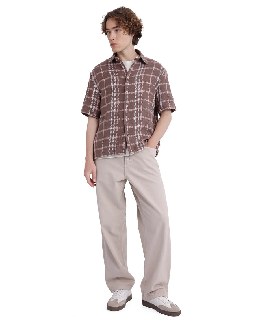Rare Rabbit Men's Vexlum Light Brown Cotton Checked Print Regular Fit Half Sleeve Collared Shirt
