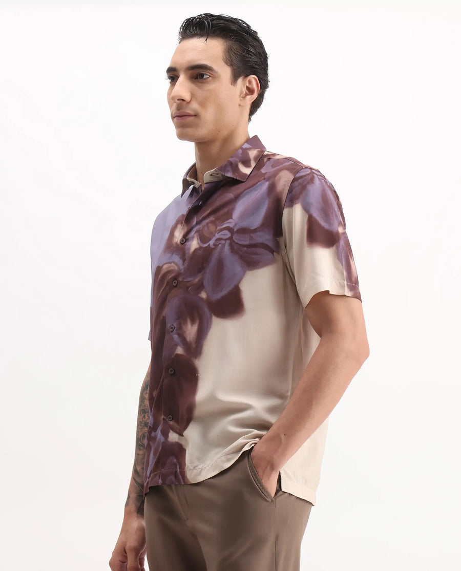 Rare Rabbit Men's Vider 2 Dusky Blue Viscose Floral Print Relaxed Fit Half Sleeve Collared Shirt