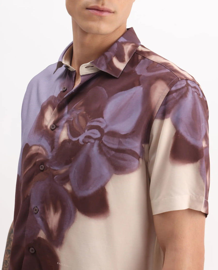 Rare Rabbit Men's Vider 2 Dusky Blue Viscose Floral Print Relaxed Fit Half Sleeve Collared Shirt