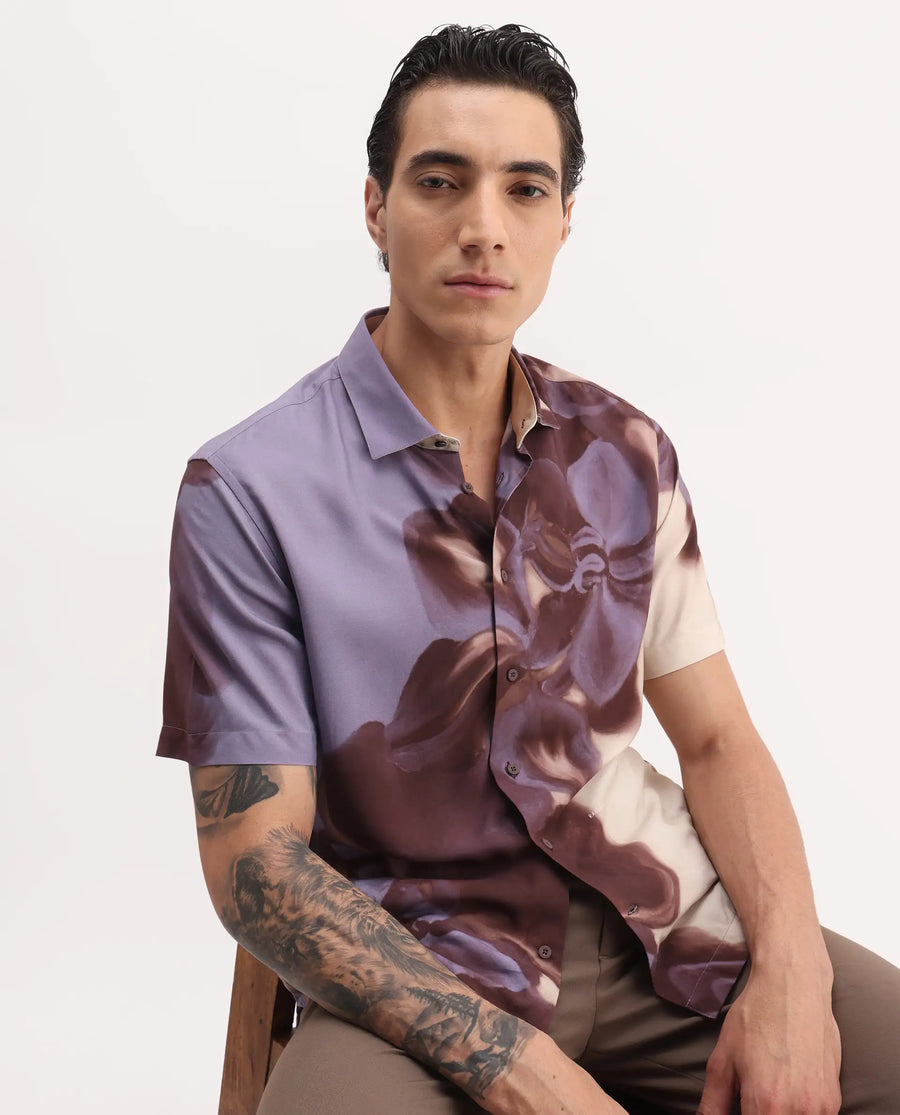 Rare Rabbit Men's Vider 2 Dusky Blue Viscose Floral Print Relaxed Fit Half Sleeve Collared Shirt