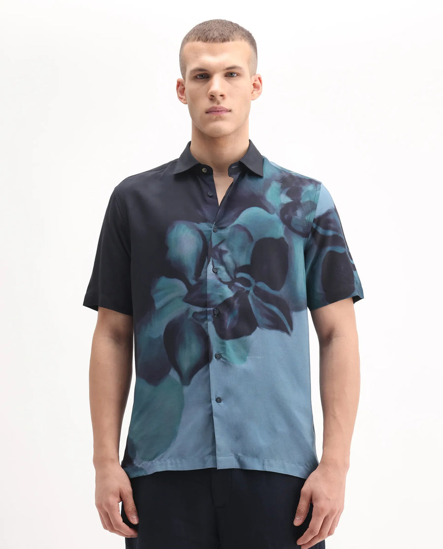 Rare Rabbit Men's Vider 1 Dusky Green Viscose Floral Print Relaxed Fit Half Sleeve Collared Shirt