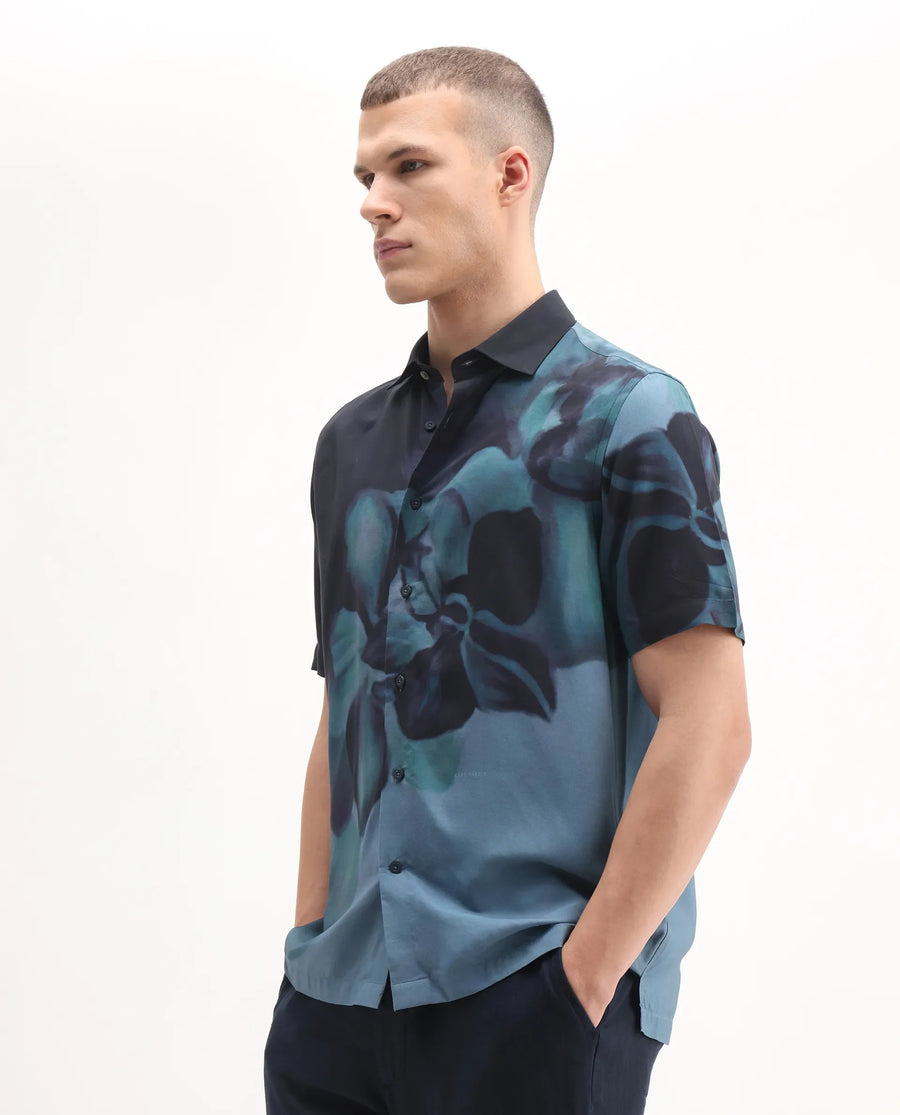 Rare Rabbit Men's Vider 1 Dusky Green Viscose Floral Print Relaxed Fit Half Sleeve Collared Shirt