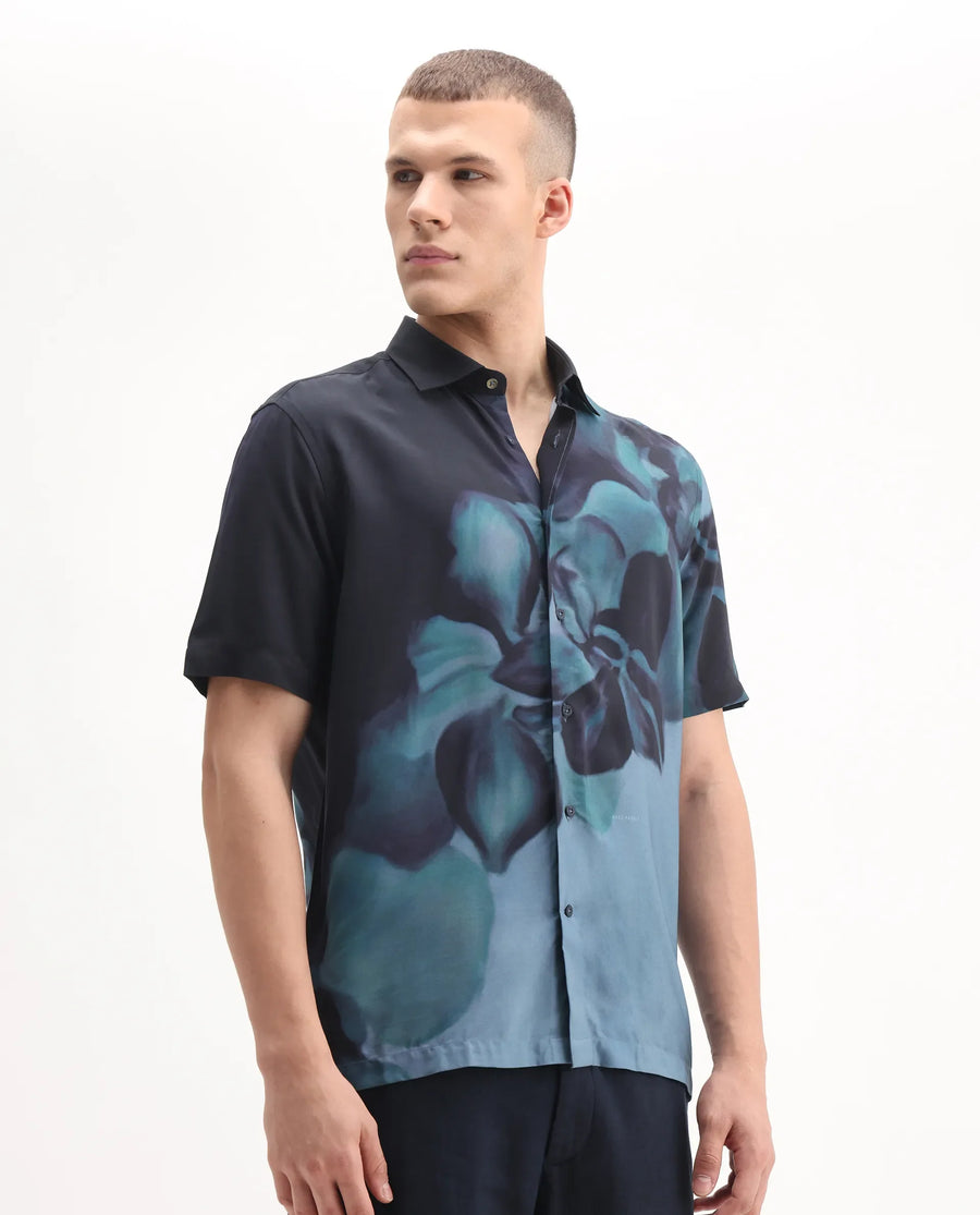 Rare Rabbit Men's Vider 1 Dusky Green Viscose Floral Print Relaxed Fit Half Sleeve Collared Shirt
