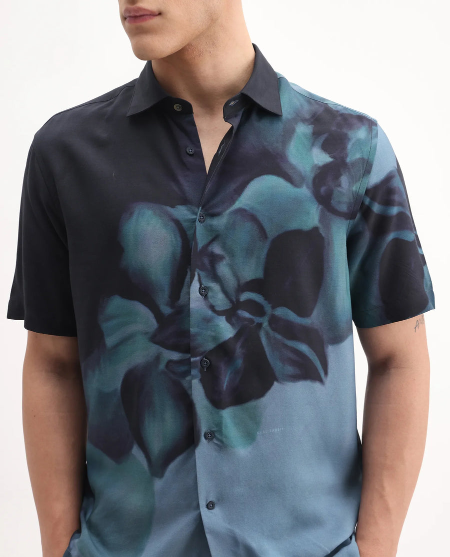 Rare Rabbit Men's Vider 1 Dusky Green Viscose Floral Print Relaxed Fit Half Sleeve Collared Shirt